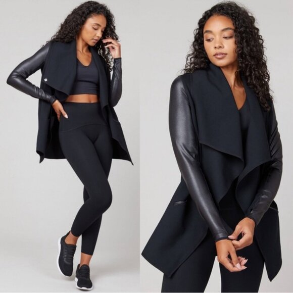 Spanx Drape Front Jacket Coat Faux Leather Moto Trench Cape Long Fall Winter 3X - Picture 1 of 16